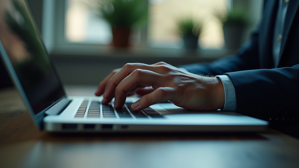 Close-up view of a private investigator’s hands typing on a laptop keyboard