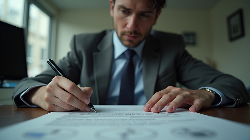Eye-level view of a private investigator reviewing documents in an office