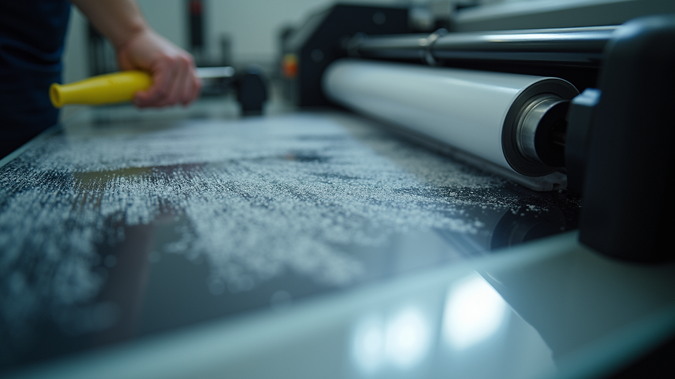 Close-up view of large format printer rollers being cleaned