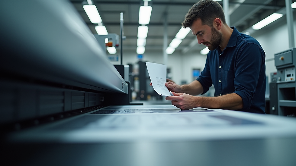 Eye-level view of technician repairing a large format printer