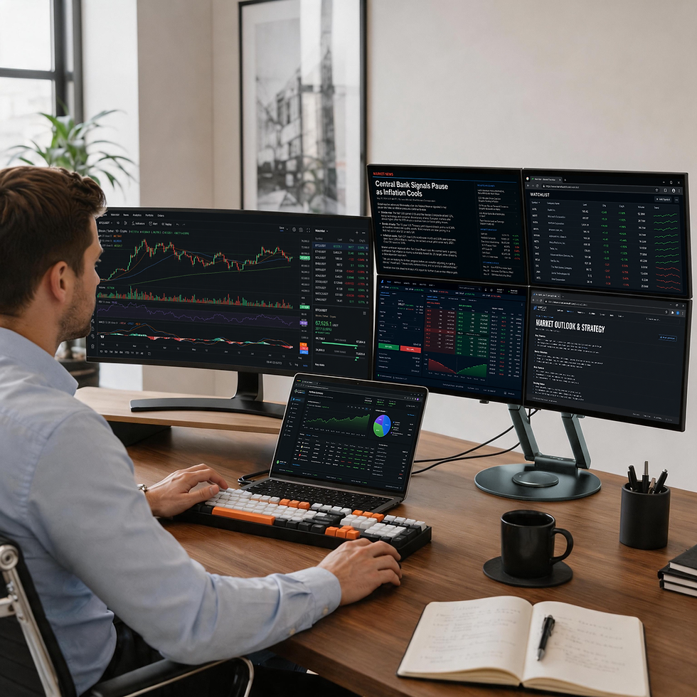 Investor using Wisee Cockpit Monitor to monitor price charts, watchlists, market news, research notes, and execution tools in a structured trading workspace.