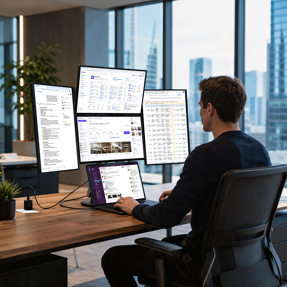 Professional using Wisee Cockpit Monitor to keep AI assistant output, source documents, prompts, drafts, notes, and communication tools visible across multiple screens.