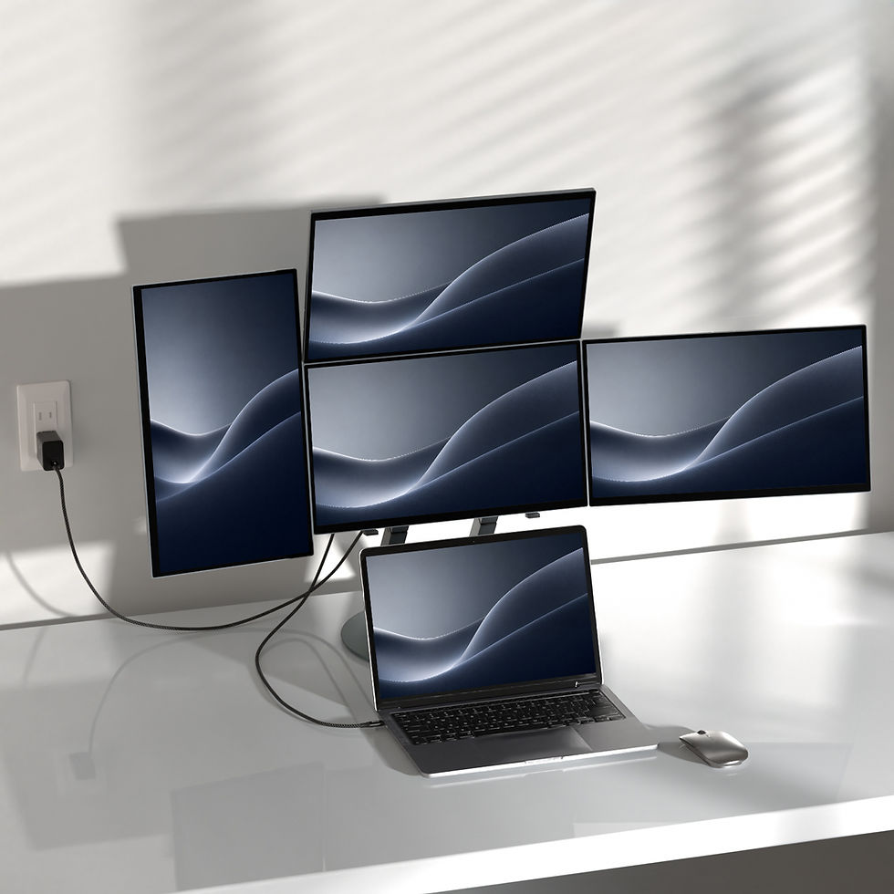Wisee Cockpit Monitor connected to a laptop in a multi-screen workspace setup with vertically and horizontally arranged displays.