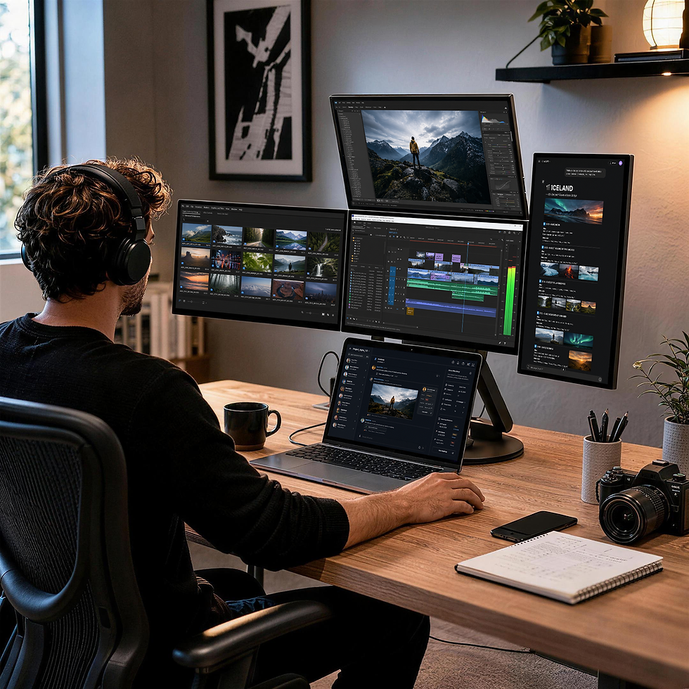 Creative professional using Wisee Cockpit Monitor to organize editing tools, preview windows, references, timelines, asset libraries, and feedback across multiple displays.