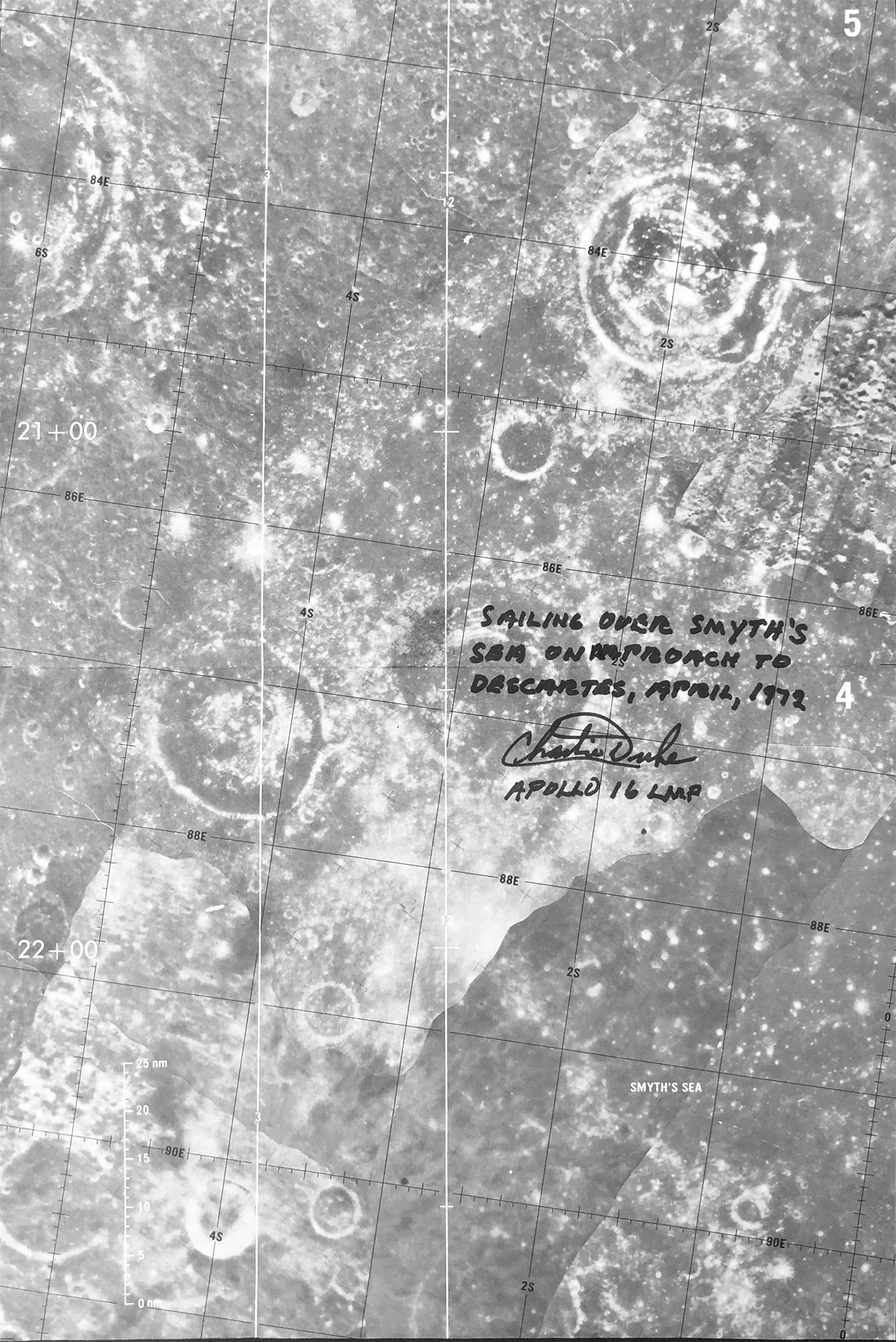 Apollo 16 Lunar Orbit Map 4-5 - "Sailing Over Smyth's Sea" - Signed by Duke!