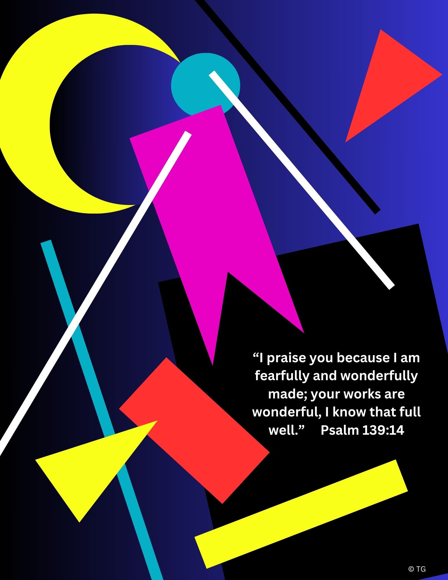 Abstract geometric artwork with bright shapes and Psalm 139:14 Bible verse about being fearfully and wonderfully made