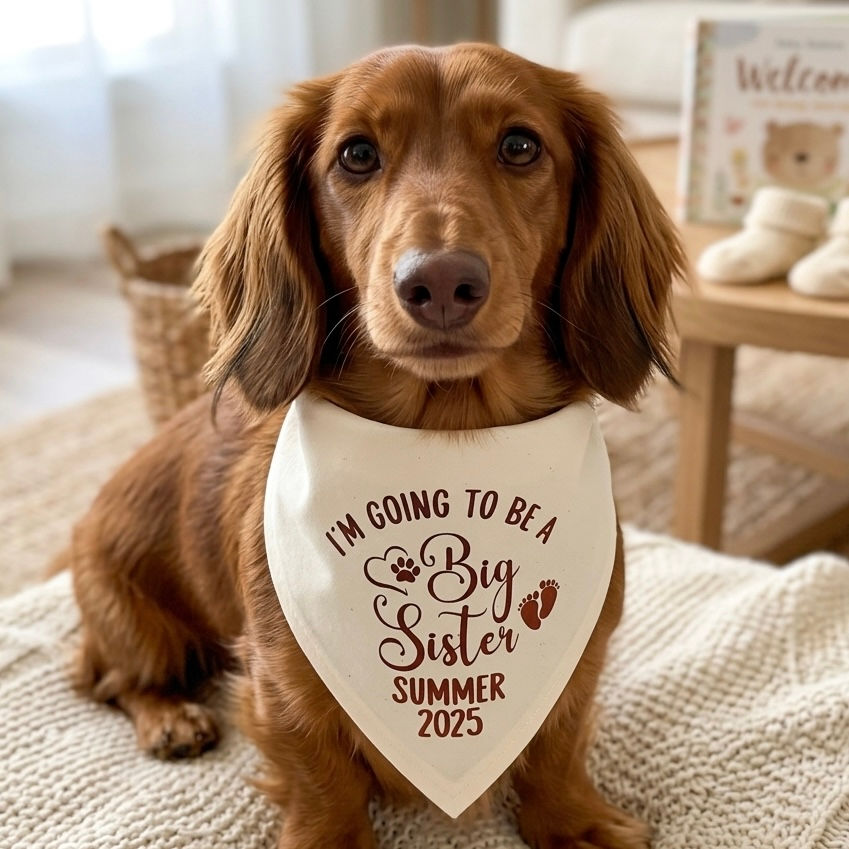 A dachshund wearing an ivory tie on dog bandana that says "I'm going to be a big sister" in copper text.  Personalised date