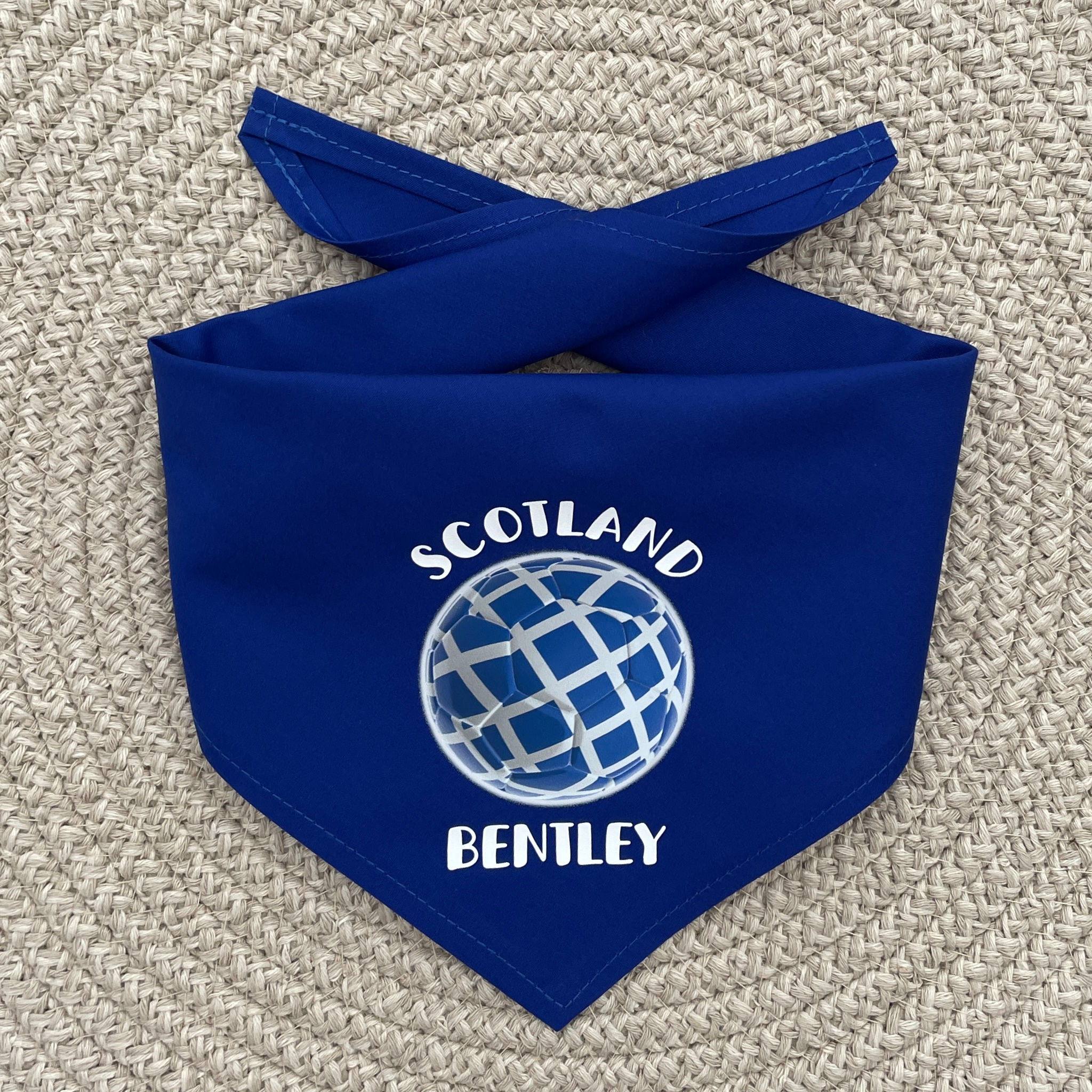 Royal Blue bandana with a football made from the Scottish flag. Also pets name can be added.