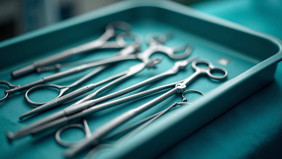 Close-up view of a surgical instrument tray with various tools