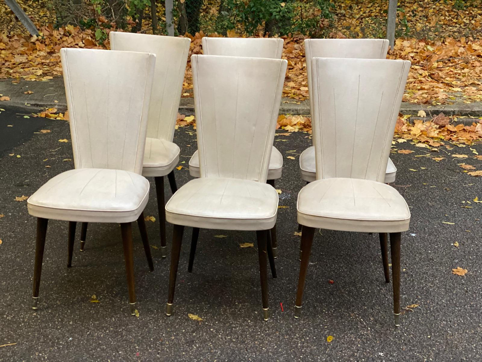 6 chaises vintage scandinaves bois massif et cuir beige 1960