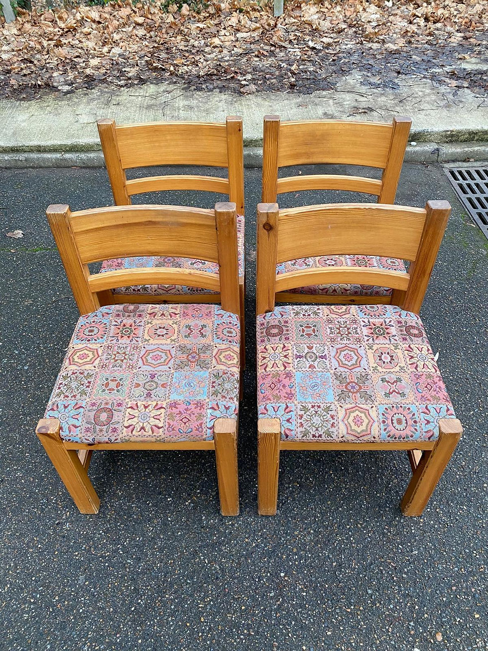 Miniature : 4 chaises scandinaves brutalistes Maison Regain bois massif et tissu fleurs