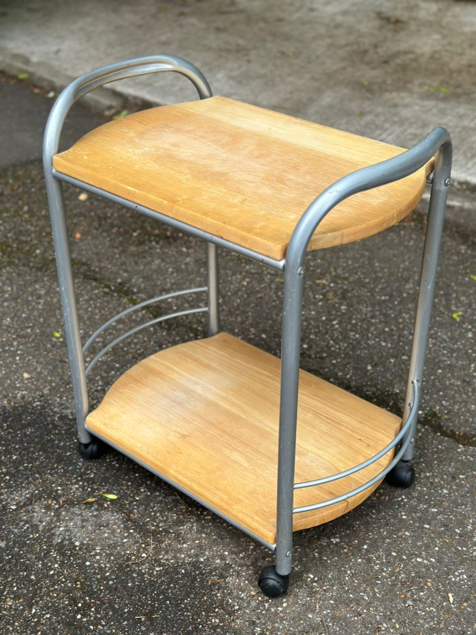 Miniature : Desserte scandinave style ikea à roulettes acier tubulaire et bois massif 1990