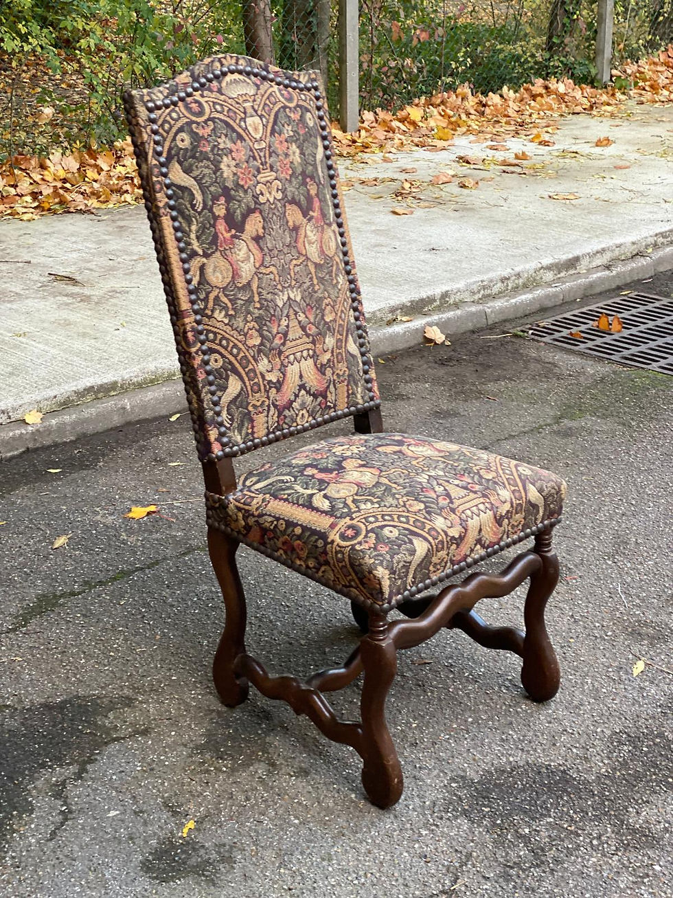 Miniature : Chaise vintage Louis XIII bois massif et tissu écru
