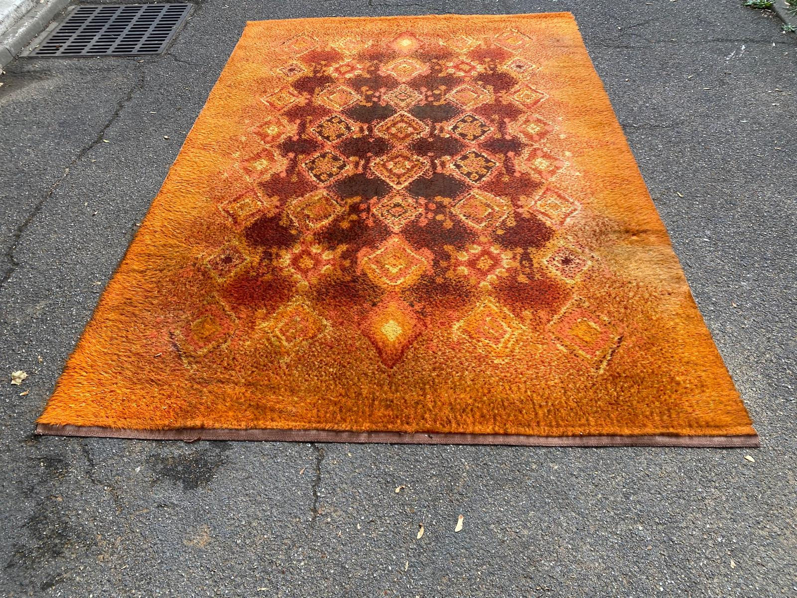 Grand tapis Shaggy vintage DESSO Menuette 200x300 cm orange & Marron 1970