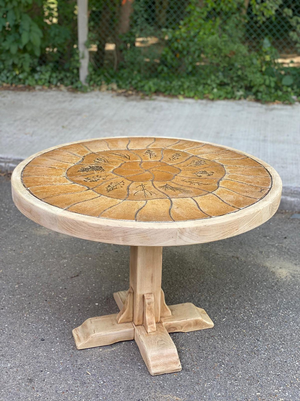 Table à manger Barrois ronde vintage rénovée en chêne massif et céramique