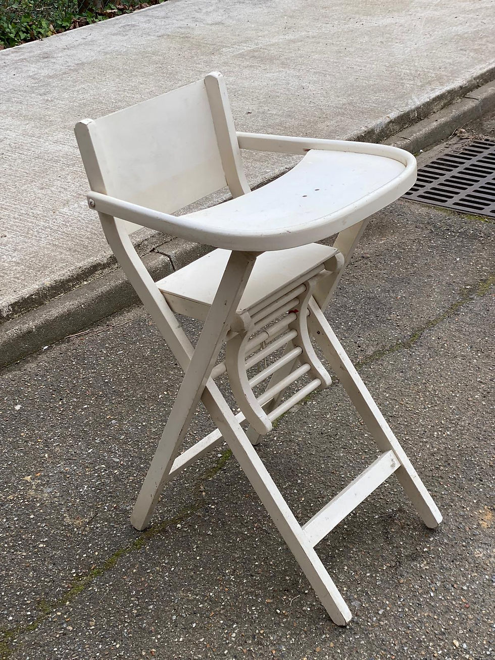 Miniature : Chaise haute enfant pliable vintage en bois massif blanc