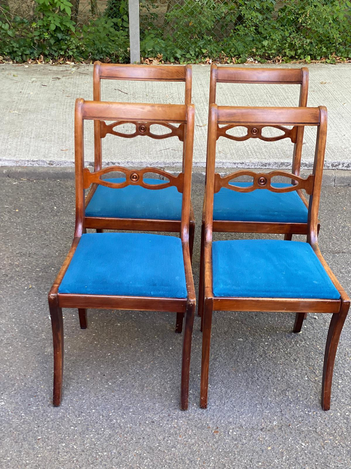 4 chaises de salle à manger en bois massif et tissu velours bleu