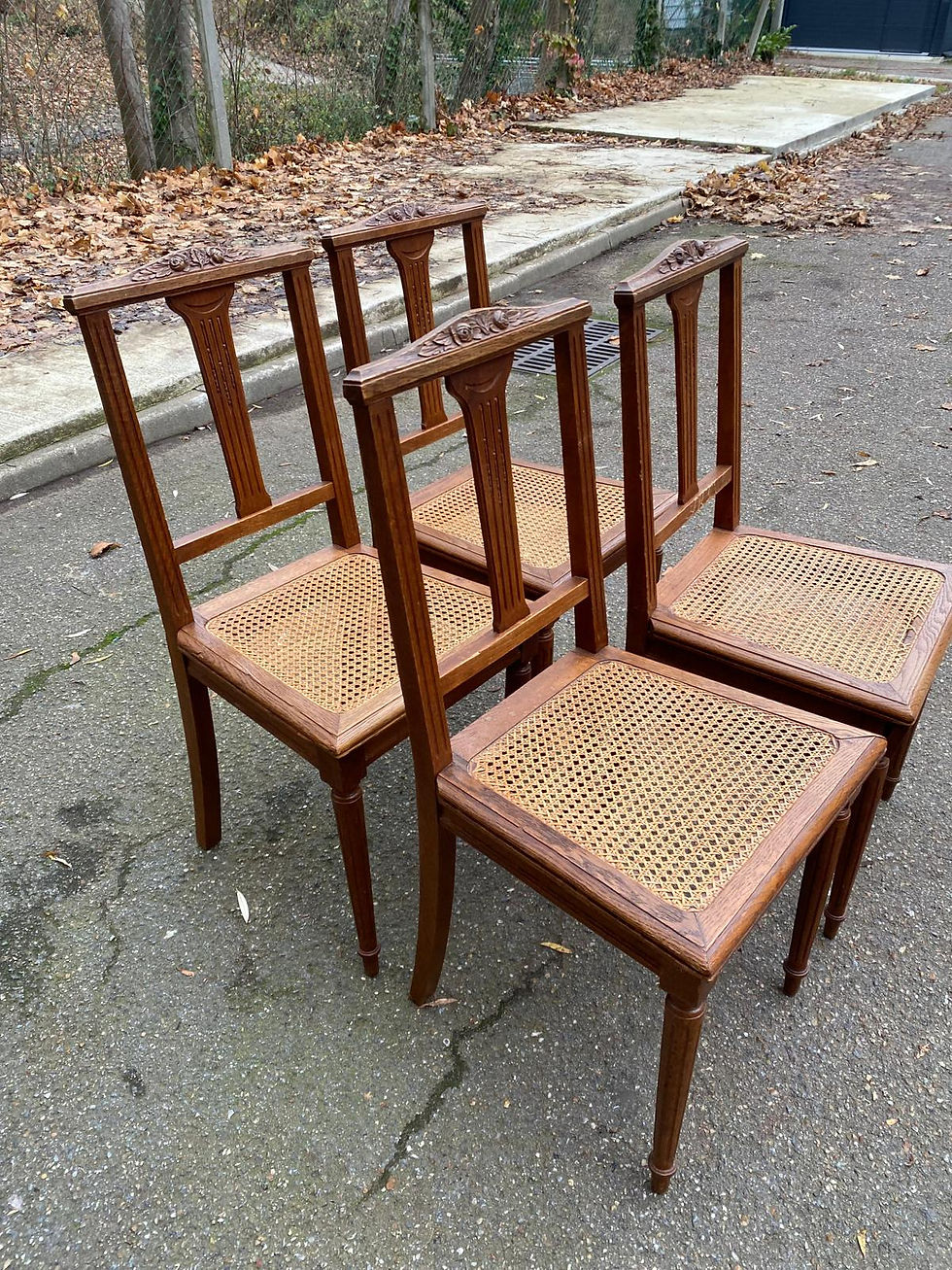 Miniature : 4 chaises art déco chêne massif cannées 1950 avec pieds ronds