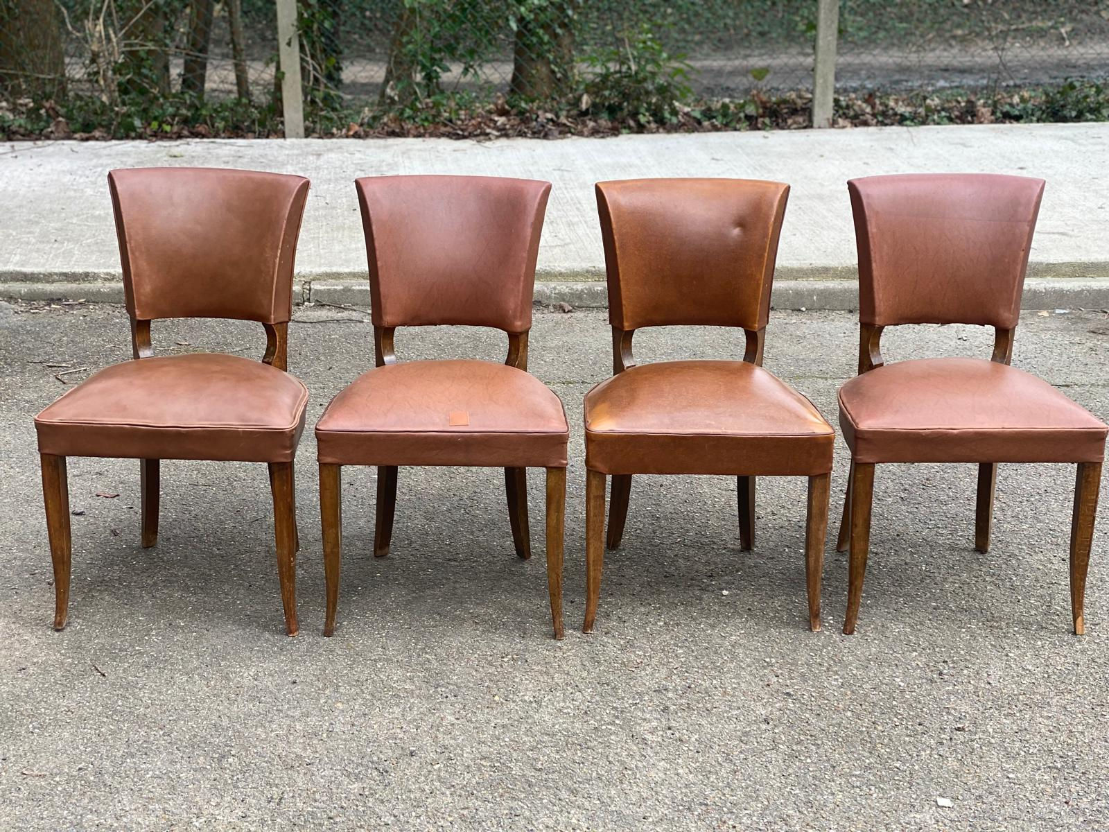 4 chaises art déco bois massif et cuir marron 1930