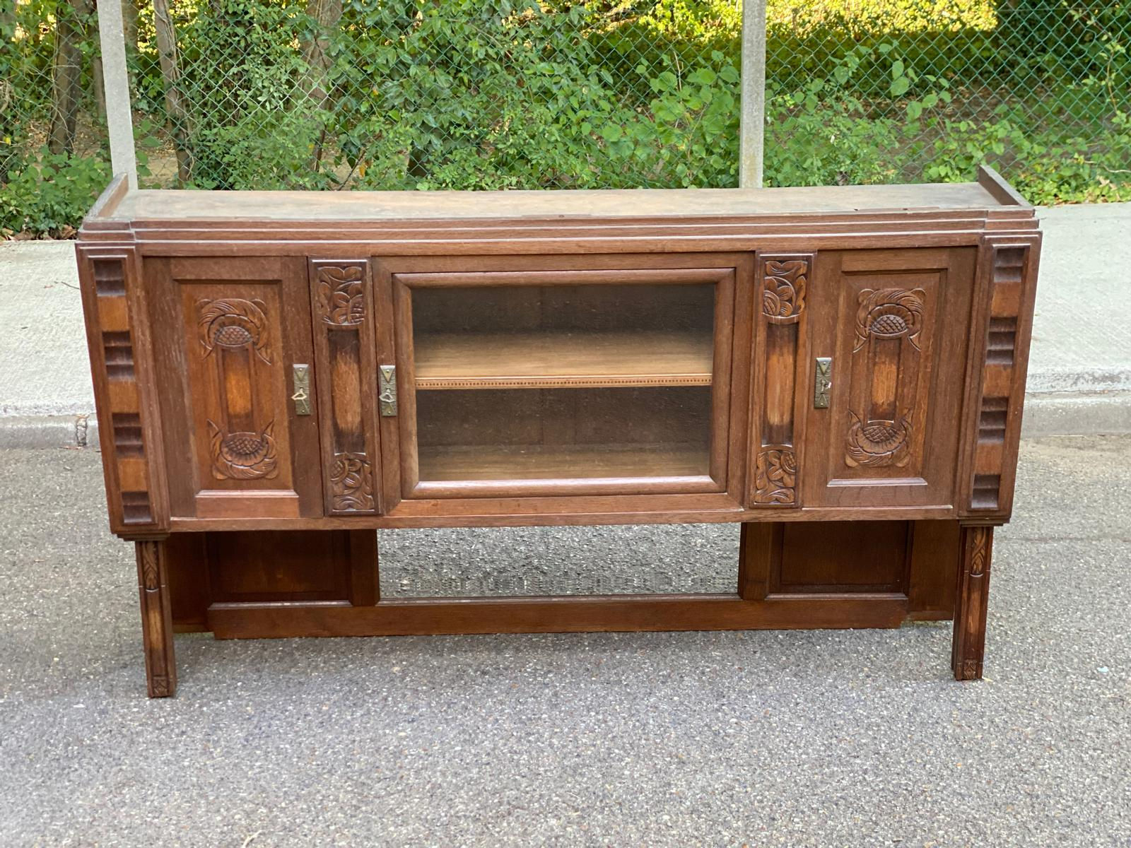 Haut de buffet art déco vitrine basse en bois massif et miroir 1920