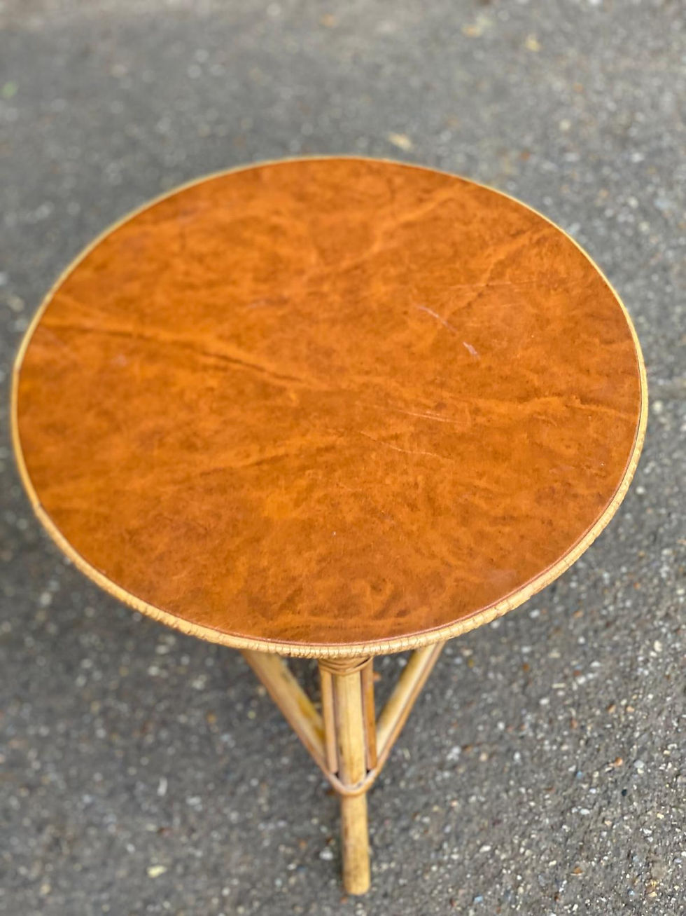 Miniature : Table basse vintage ronde cuir rotin et bambou