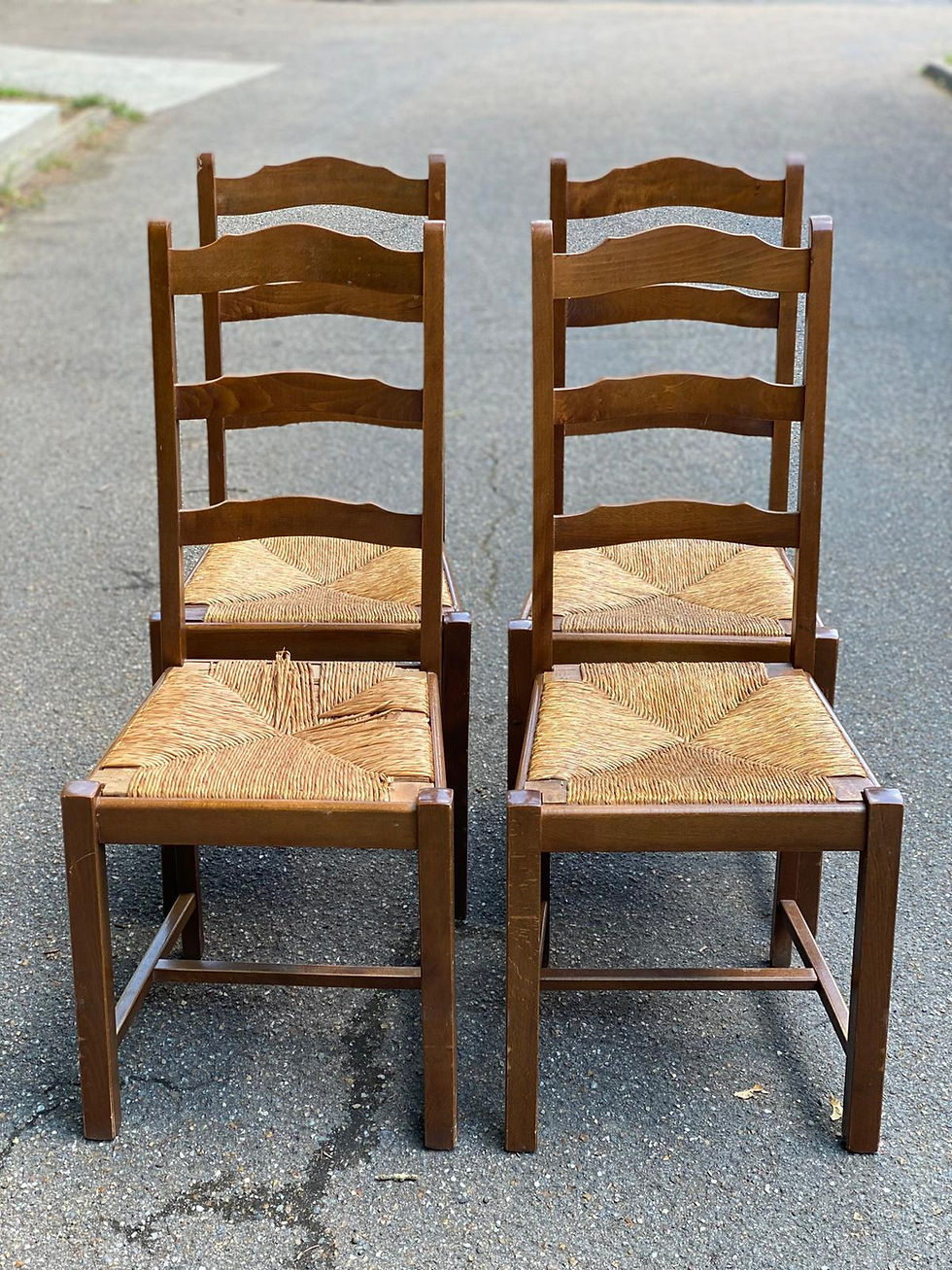 Miniature : 4 chaises  bois massif paillées chêne foncé avec dossier haut