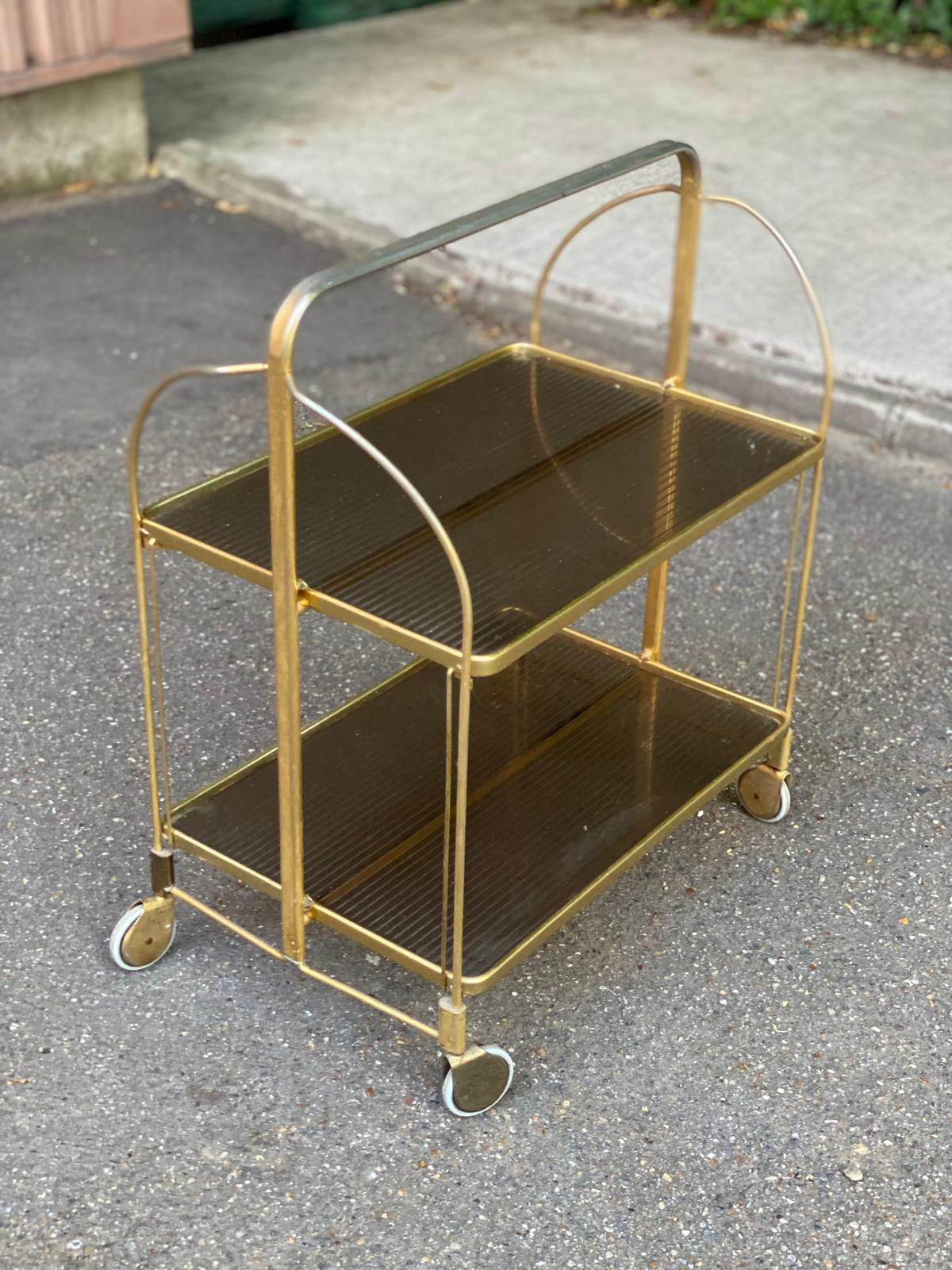 Desserte art déco dorée et pliable années 1950