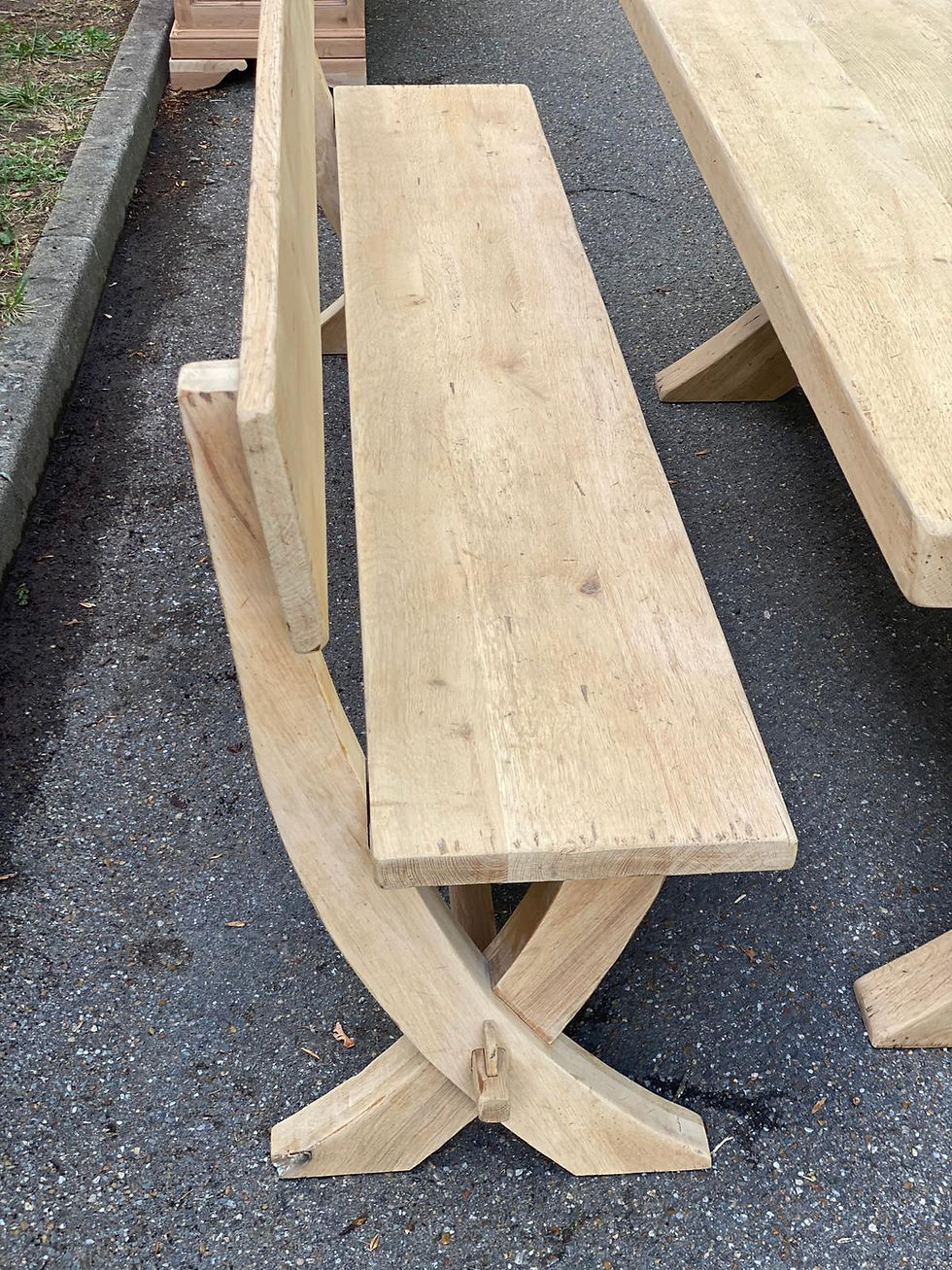 Miniature : Banc de monastère à dossier 220 cm rénové en chêne massif brut piètement X