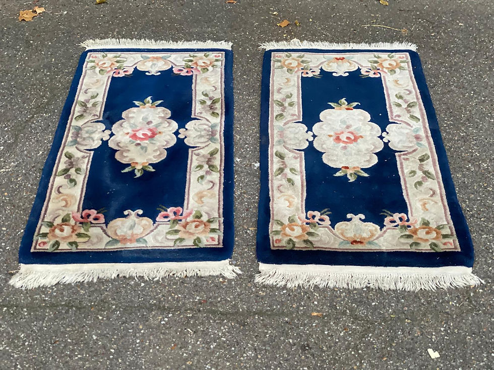 Miniature : Tapis oriental beige bleu en laine nouée fait main 62x130cm