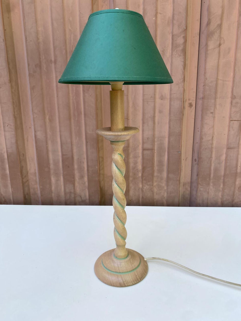 Miniature : Lampe pied torsadé en bois massif beige et verte S.C.E