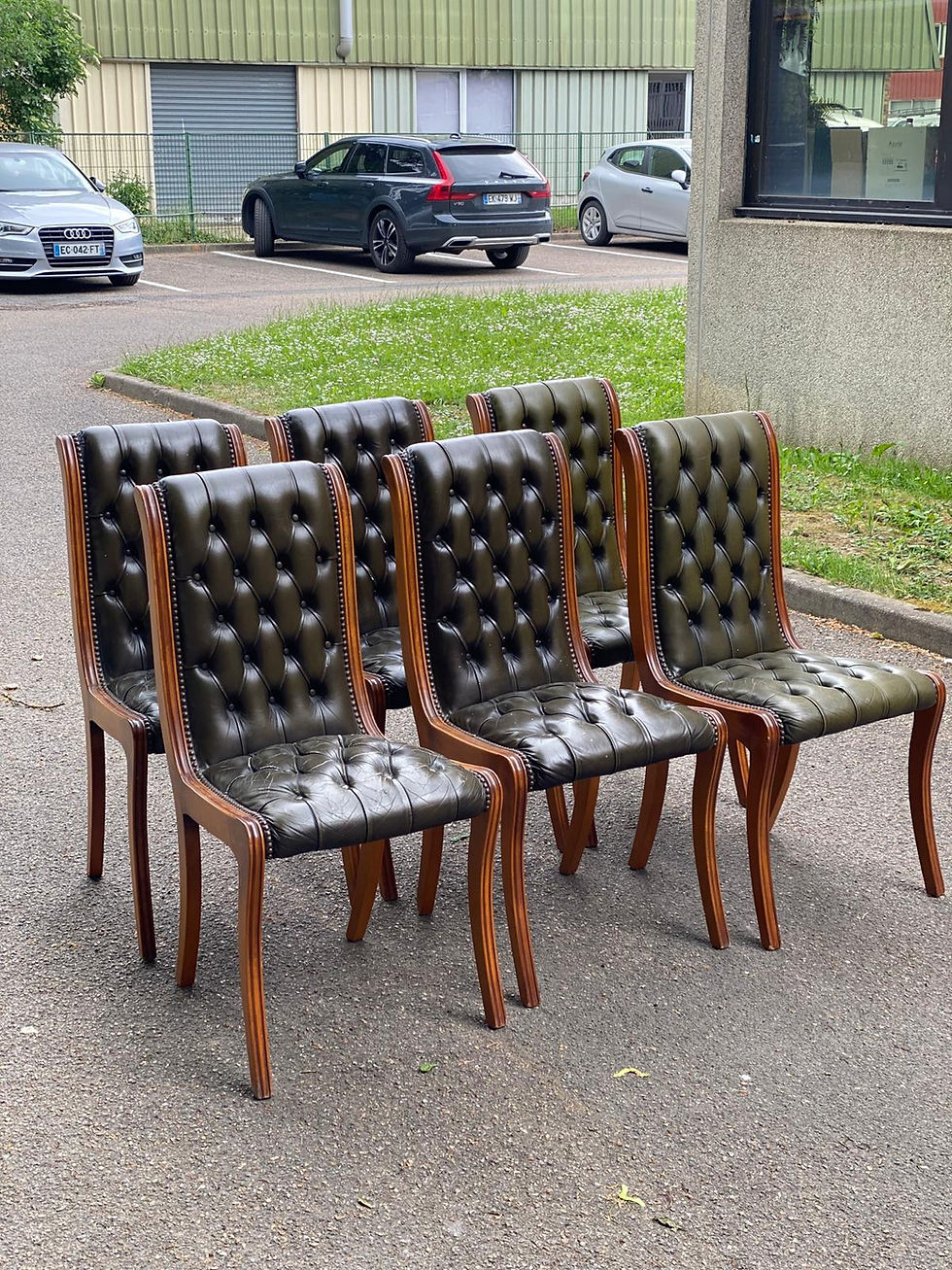 Miniature : 6 chaises anglaises Chesterfield XXème cuir vert olive