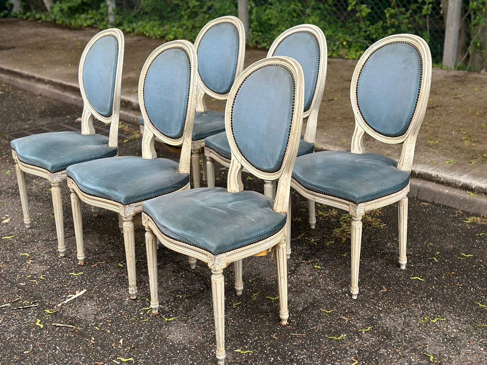 Miniature : 6 chaises médaillon Louis XVI en bois beige et tissu bleu époque 18ème