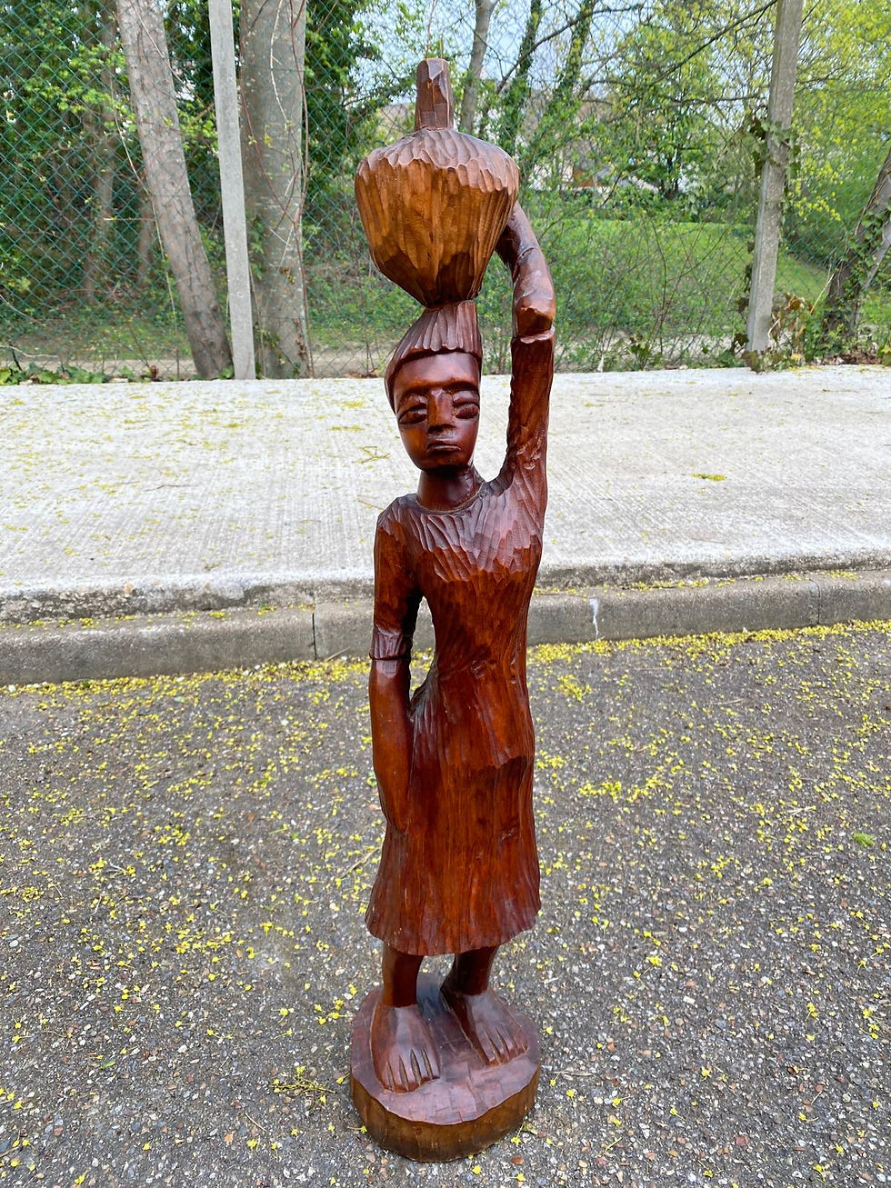 Miniature : Statuette africaine femme calebasse sculptée en bois massif