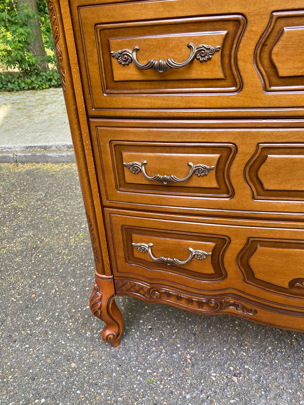 Miniature : Commode arbalète galbée Louis XV en bois massif et marqueterie 1960 du 20ème
