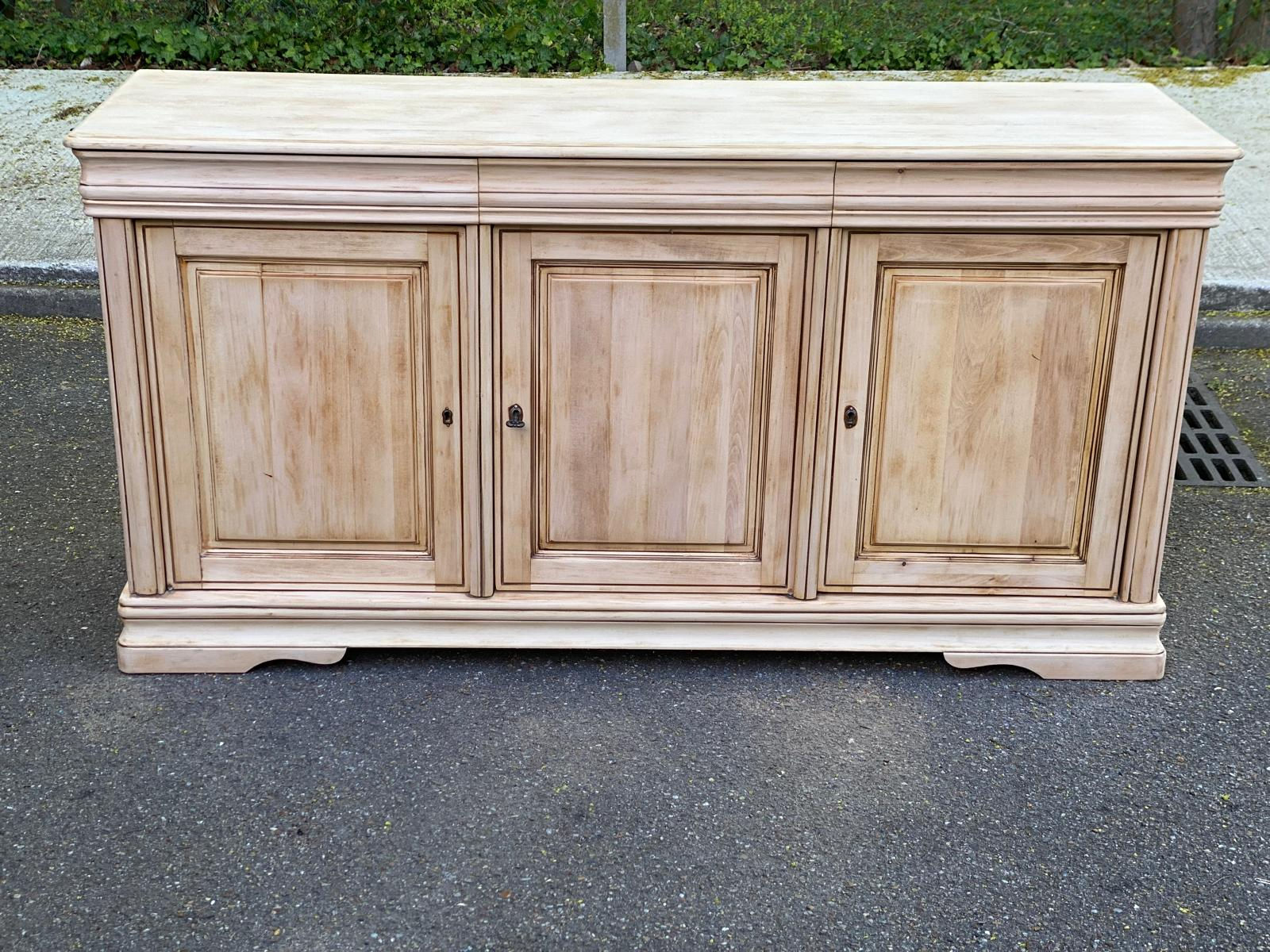 Buffet Louis Philippe campagnard vintage rénové en bois massif 185cm