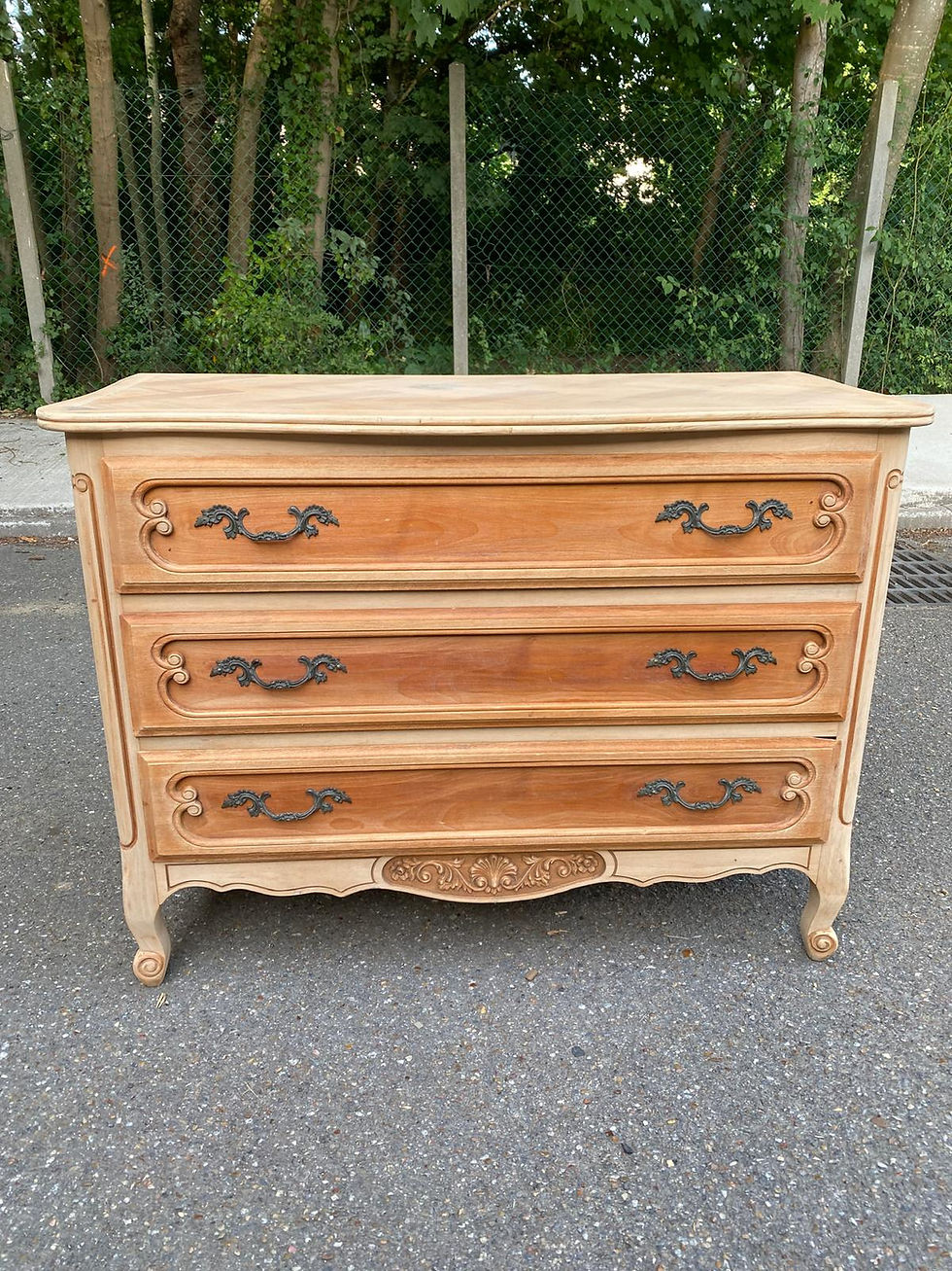 Commode Bibus Louis XV rénovée en bois massif brut et marqueterie