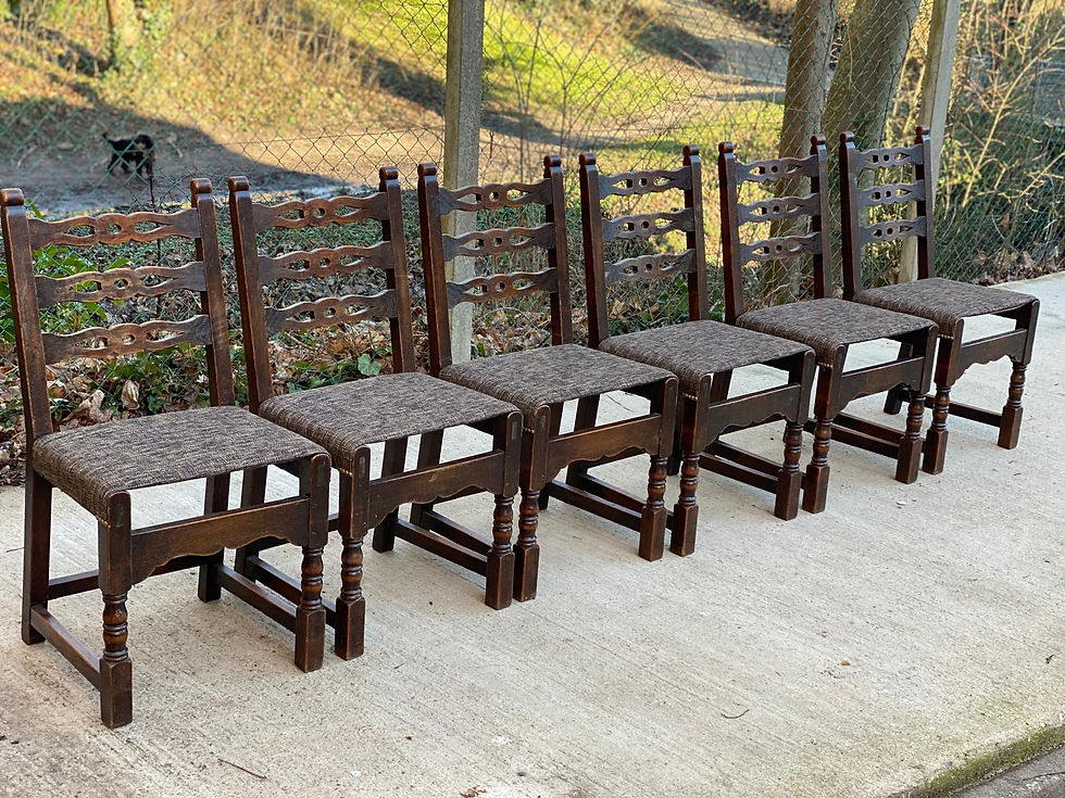 Miniature : 6 chaises de salle à manger en bois massif et assise grise en laine tressé 1950