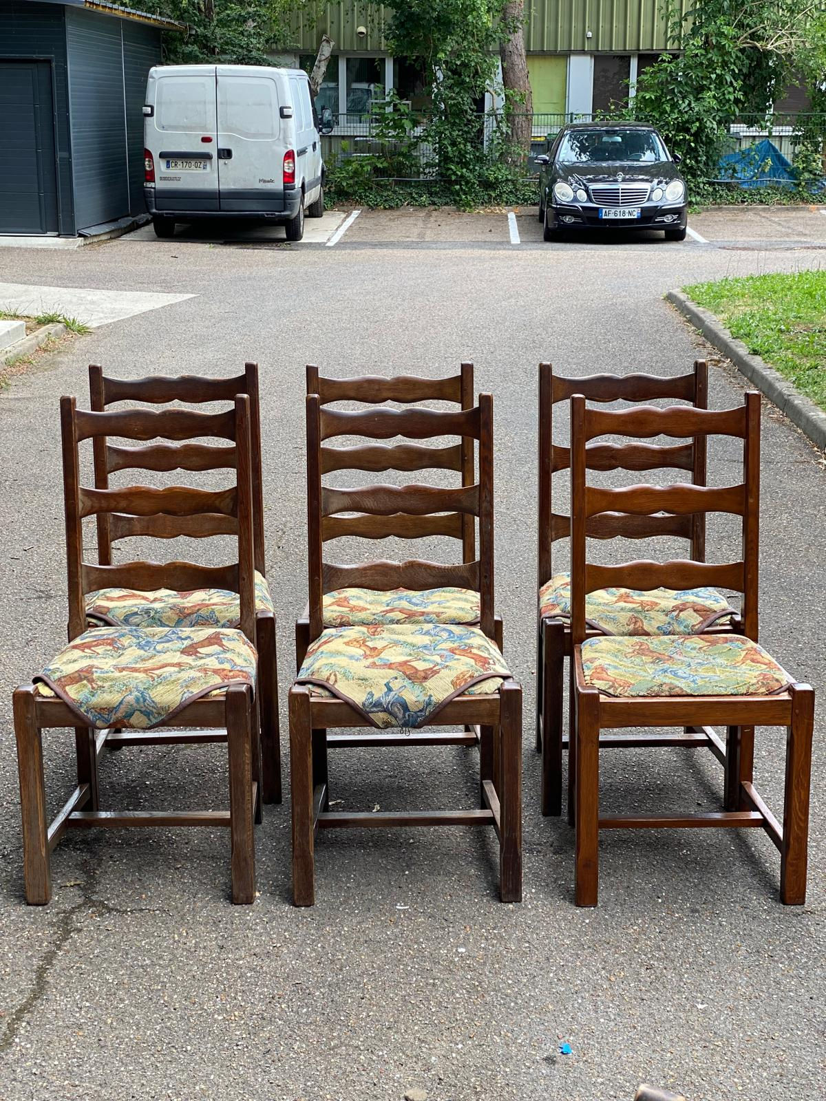 6 chaises bois massif chêne foncé et tissu fleurs