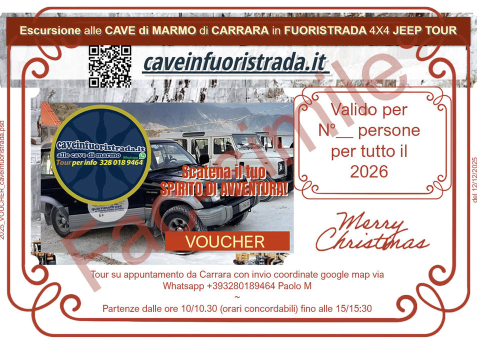 GIFT CARD Regalo di Natale 2025 Tour delle Cave di Marmo di Carrara per tutto il 2026!