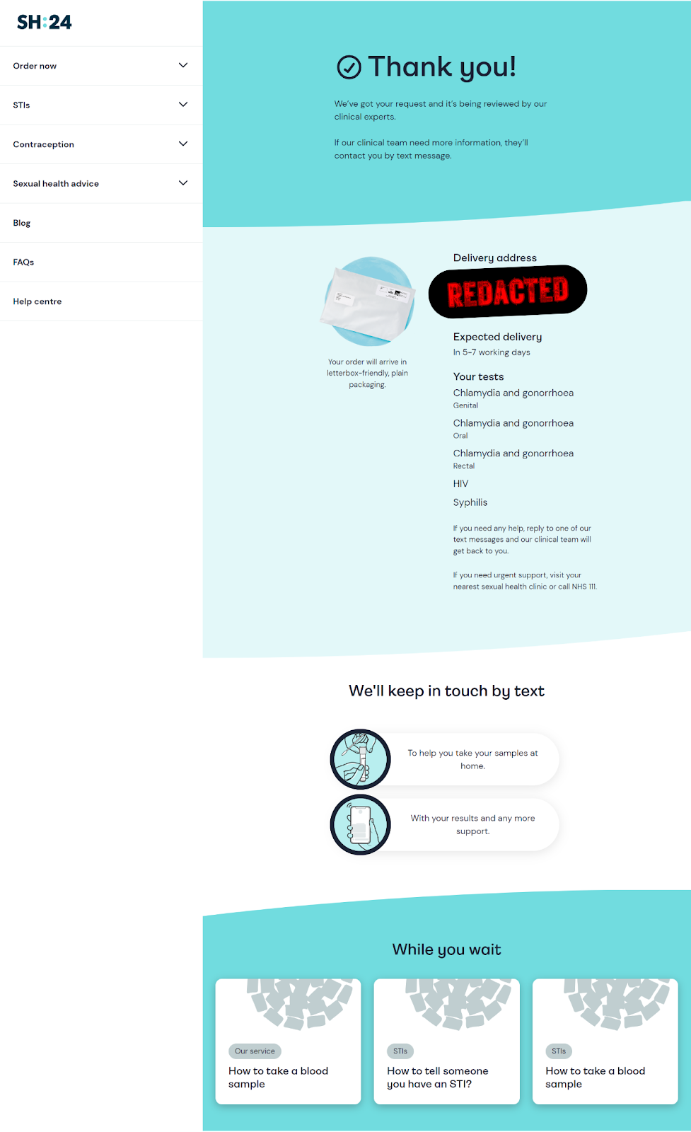 Confirmation page for at-home STI test kit delivery
