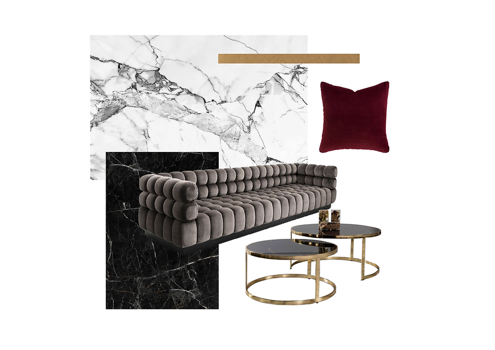 ตัวอย่างMoodBoard (Luxury Style) เลือกกระเบื้องลายหินอ่อนที่มีความมันเงา ใช้สเตนเลสสีทองตัดขอบบางจุดตามผนังหรือเฟอร์นิเจอร์บางส่วน เพิ่มลูกเล่นด้วยหมอนกำมะหยี่สีแดงทำให้งานดีไซน์มีลูกเล่นมากขึ้น