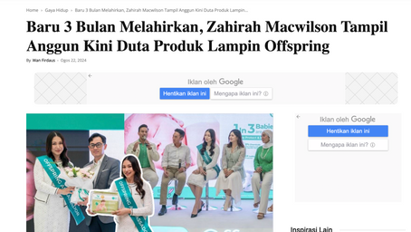 Baru 3 Bulan Melahirkan, Zahirah Macwilson Tampil Anggun Kini Duta Produk Lampin Offspring