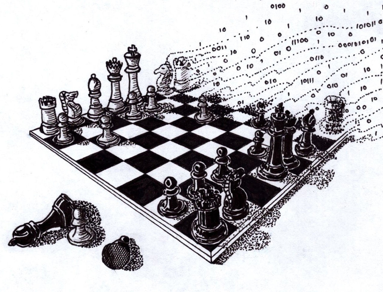 Chess pieces dissolving from analog into digital, strategic game