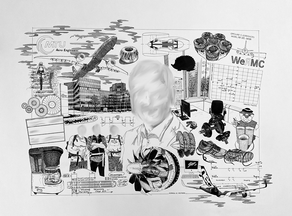 Collage depicting a person's life, travel, and work