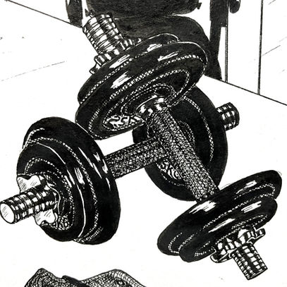 weights; ink drawing by Kathrin Wilfong