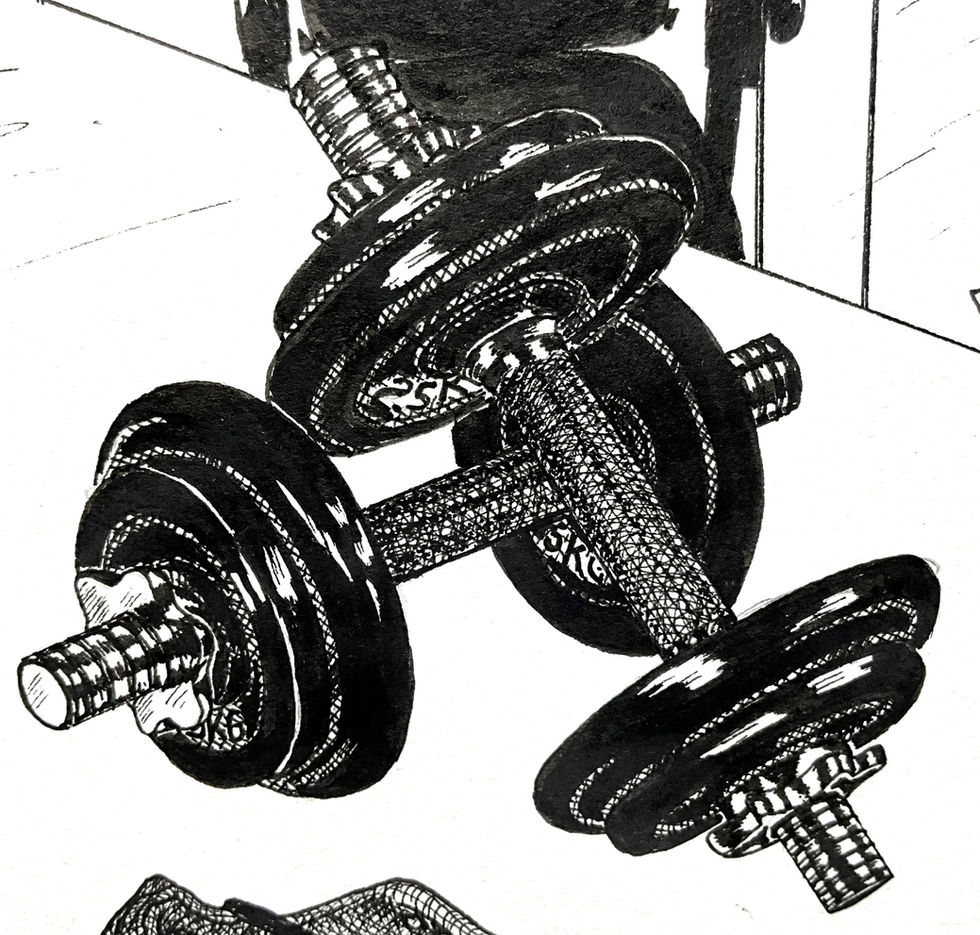 Black and white illustration of dumbbells