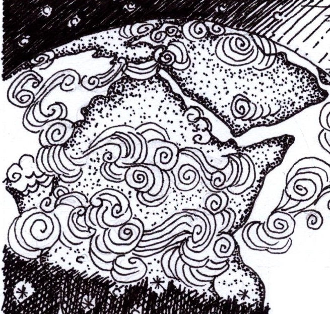 Whimsical ink drawing: swirling clouds over a stylized landmass