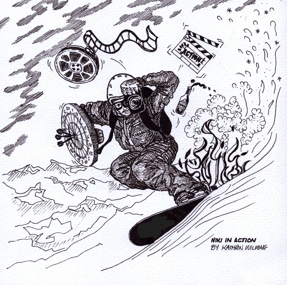 Snowboarder amidst chaos; film reel, clapperboard; "May Day Action"