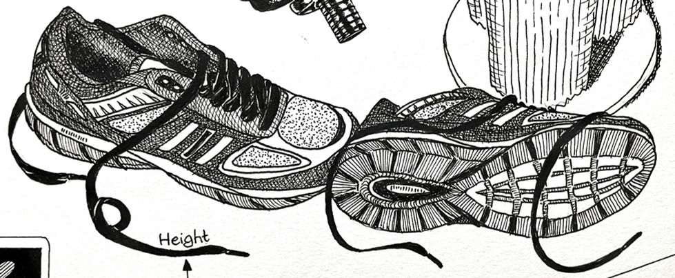 Detailed ink drawing of running shoes