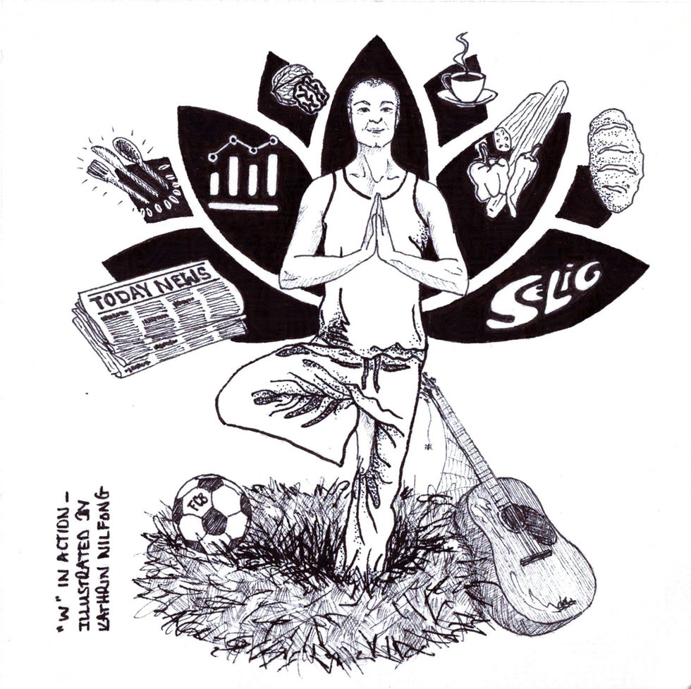 Man in yoga pose, surrounded by diverse interests: SLIC logo